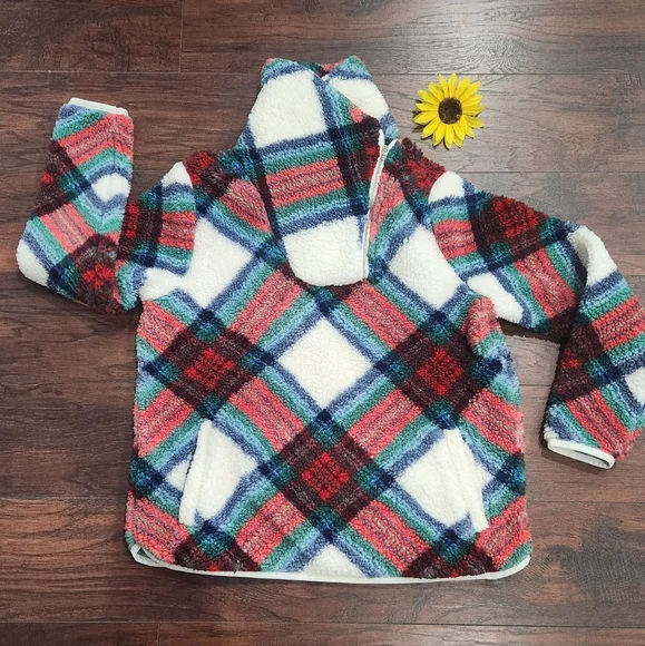 TALBOTS Ultra Plush Sherpa Fleece Shawl Zip Pullover - Plaid 🎈♣️ - Picture 2 of 9